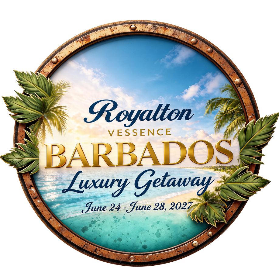 A button image promoting the upcoming trip to Barbados in 2027! Hosted by VJL Travel Vacations.